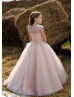 Beaded Check Lace Tulle Buttons Back Flower Girl Dress